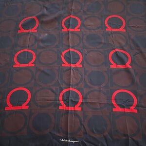 Salvatore Ferragamo 34” square in black, red, & dark brown. Signature logo